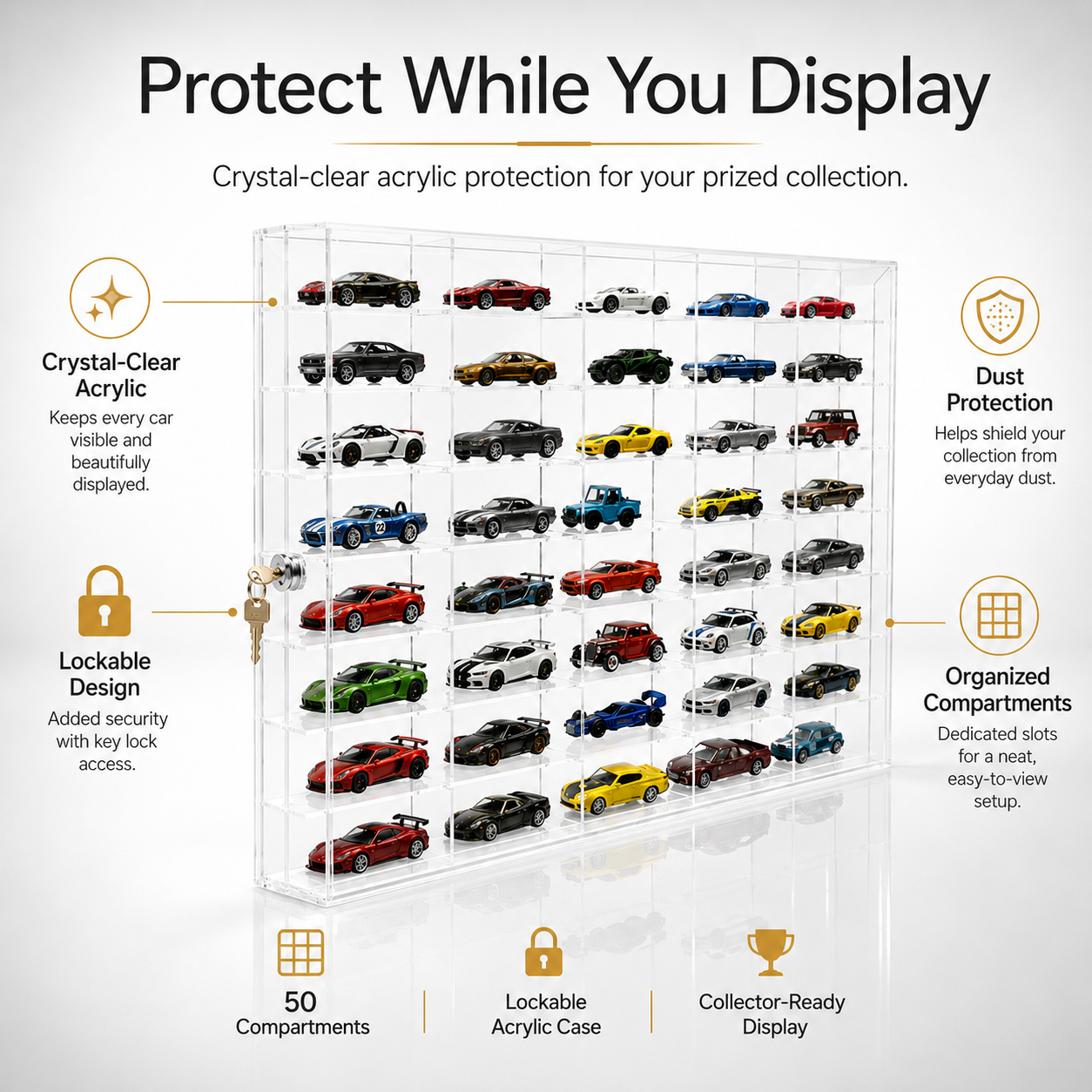 50 Compartments Display with Sliding Cover for 1:64 Scale Cars