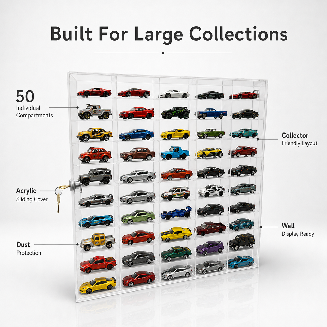 50 Compartments Display with Sliding Cover for 1:64 Scale Cars