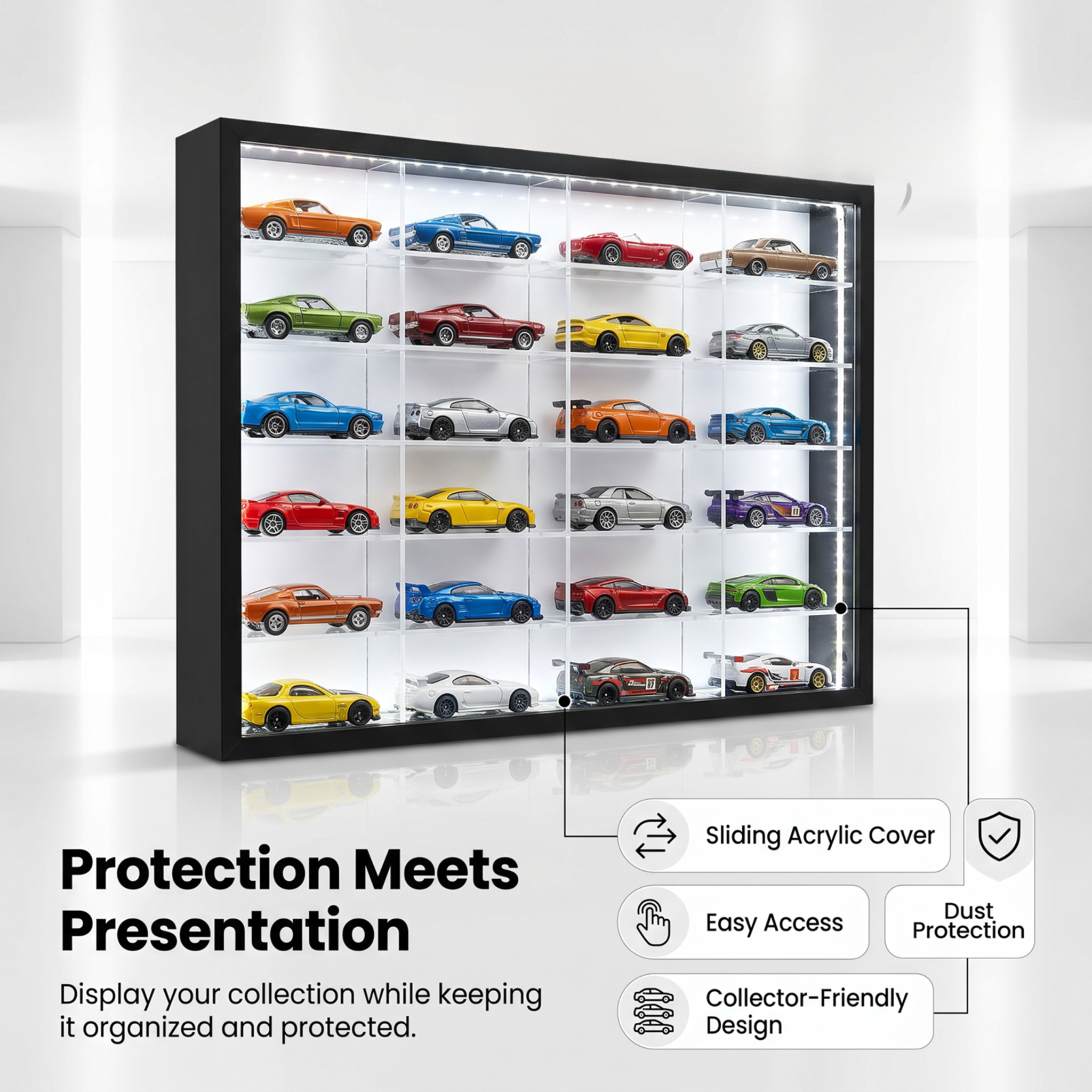 24 Compartments Display with Sliding Cover for 1:64 Scale Cars- LED